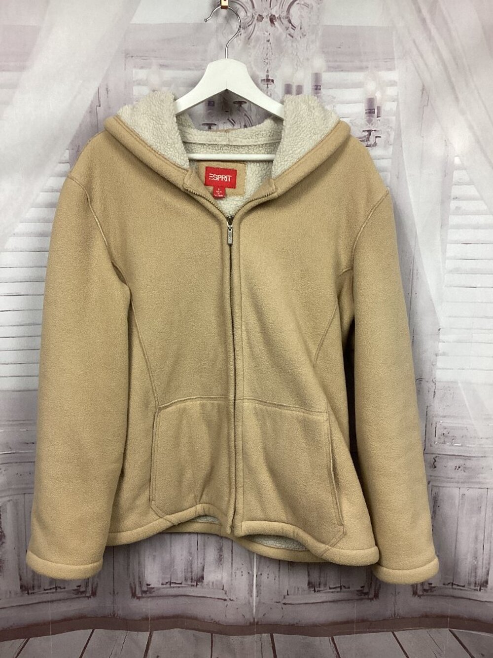 Esprit Vintage Tan Faux Suede Shearling Hooded Coat L